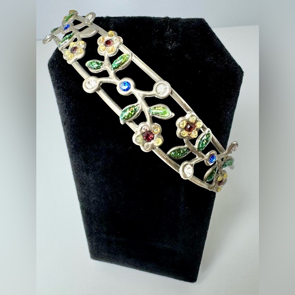 Floral Silver Cuff Bracelet with Multicolor Floral Gemstones - Picture 1 of 11